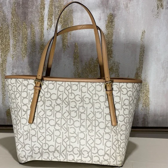 Calvin Klein Monogram White and Tan Tote Bag - Picture 3 of 7